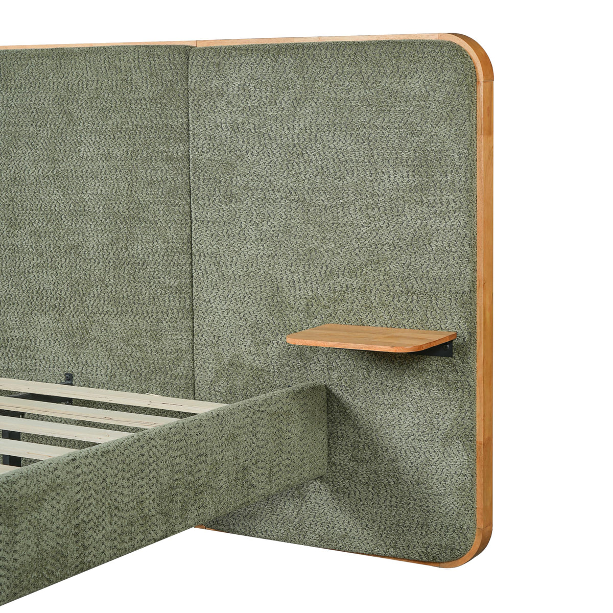 Christopher Knight Home Lana Boucle Upholstered King Bed Frame and Headboard, King Size Bed Frame with Built-in Floating Shelves, Metal + Wooden Slats Support, No Box Spring Needed, Green + Natural