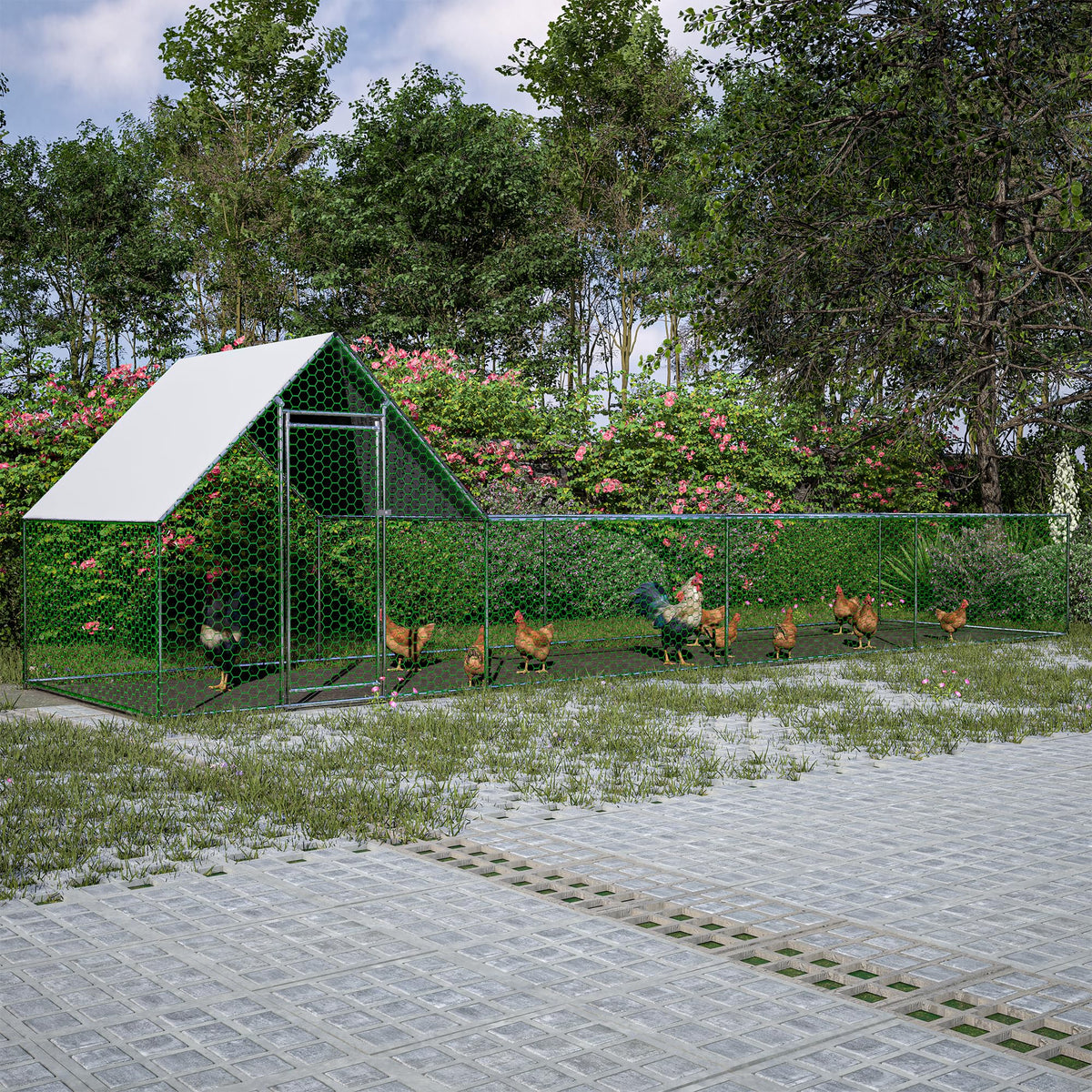 KEIKI Large Metal Chicken Coop, Metal Chicken Run with Waterproof Cover, Farm Poultry Run Hutch Hen House, Outdoor Walk-in Chicken Pen for Poultry Duck Rabbit, 26.08ft x 6.72ft x 6.67ft