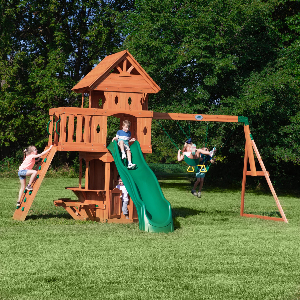Backyard Discovery Woodland Cedar Wood Swing Set with Wave Slide, Clubhouse, Rock Wall, Snack Bar Station, Benches, Belt Swings, Trapeze, Half Door, Balcony, Step Ladder, Outdoor Playset